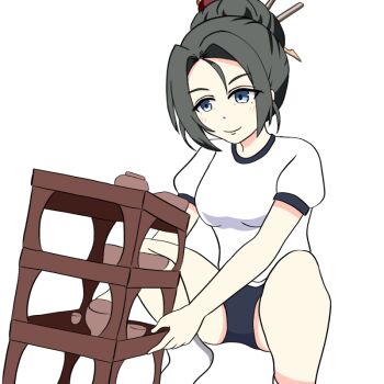 1girl alternate_costume arm_support black_hair blue_buruma blue_eyes blush breasts buruma buruma_okami_meme chair closed_mouth crossed_legs don&#039;t_bully_suzuka folded_ponytail food forehead gym_shirt gym_uniform hair_between_eyes hair_bun hair_ornament hair_ribbon hair_up high_ponytail holding hoshina_kiyoko_(umamusume) indoors large_breasts long_hair looking_at_viewer medium_breasts mole open_mouth parted_bangs ponytail ribbon shirt short_hair short_sleeves sidelocks simple_background single_hair_bun sitting smile solo thighs umamusume white_background white_shirt