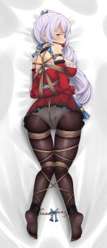 1girl absurdres arms_behind_back ass ball_gag bare_shoulders bdsm bed bed_sheet bell between_buttocks black_pantyhose blue_eyes blue_ribbon blush bondage bound bound_arms bound_legs bound_torso breasts candy candy_cane choker christmas clothes_lift dakimakura_(medium) dakimakura_style dankestofdans detached_sleeves dress dress_lift female_focus food full_body fur-trimmed_sleeves fur_trim gag gagged gift gloves hair_ornament highres huge_filesize lace lace-trimmed_dress lace_trim legs legs_together long_hair long_sleeves looking_ahead looking_back looking_to_the_side lying medium_breasts on_stomach panties pantyhose ponytail red_dress red_sleeves ribbon rope rwby santa_costume santa_dress shibari shibari_over_clothes sidelocks simple_background skindentation solo swept_bangs thigh_gap thighs toes underwear very_long_hair weiss_schnee white_background white_hair white_panties