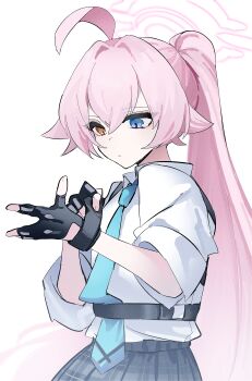 Rule 34 | 1girl, absurdres, adjusting clothes, adjusting gloves, black gloves, black skirt, blue archive, blue necktie, commentary, dantyou2525, gloves, halo, heterochromia, high ponytail, highres, hoshino (armed) (blue archive), hoshino (blue archive), necktie, pink hair, pink halo, ponytail, shirt, simple background, skirt, solo, white background, white shirt