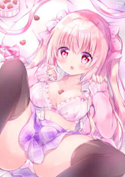 1girl ass bed_sheet between_breasts black_thighhighs blush bow bra breasts chiika_(cure_cherish) chocolate cleavage collarbone collared_shirt feet_out_of_frame hair_bow large_breasts legs_up long_hair long_sleeves lying medium_breasts on_back open_clothes open_mouth open_shirt original panties pink_hair pink_ribbon plaid_clothes plaid_skirt ribbon shirt shirt_tucked_in skirt solo spread_legs sweater thighhighs two_side_up underwear uniform valentine white_panties white_shirt