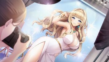 2girls blonde_hair blue_eyes blunt_bangs breasts camera cleavage dolphin_wave dress dutch_angle game_cg hair_intakes highres holding holding_camera kirahoshi_kanna large_breasts long_hair looking_at_viewer model multiple_girls non-web_source official_art ootomo_takuji solo_focus wavy_hair white_dress