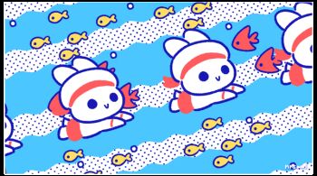 air_bubble animal animal_focus animated animated_gif bubble clothed_animal dotted_background fish full_body hat looping_animation mai_narushima no_humans no_nose original outstretched_arms rabbit red_shorts shorts solid_circle_eyes summer swimming white_hat
