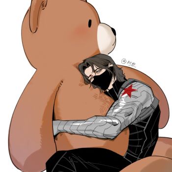 1boy allie_lynee artist_name black_bodysuit black_mask blue_eyes bodysuit brown_hair bucky_barnes captain_america:_the_winter_soldier captain_america_(series) covered_mouth empty_eyes hair_between_eyes half-closed_eyes highres holding holding_stuffed_toy looking_at_viewer male_focus marvel mask mouth_mask prosthesis prosthetic_arm short_hair simple_background sitting solo star_(symbol) stuffed_animal stuffed_toy teddy_bear white_background winter_soldier