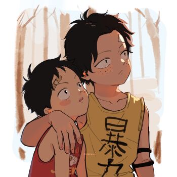 Rule 34 | 2boys, aged down, alrunami, arm around shoulder, bandaid, bandaid on face, bandaid on forehead, bare shoulders, bare tree, black hair, blush, closed mouth, commentary, freckles, highres, looking up, male focus, monkey d. luffy, multiple boys, one piece, open mouth, outdoors, portgas d. ace, red tank top, tank top, tree, untranslatable commentary, upper body, yellow tank top