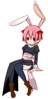 1girl animal_ears black_dress blue_thighhighs blush boots bow breasts brown_boots closed_mouth commentary_request dress expressionless full_body hair_bow halftone invisible_chair juliet_sleeves long_sleeves looking_at_viewer pink_sash priest_(ragnarok_online) puffy_sleeves purple_eyes rabbit_ears rabbit_girl ragnarok_online red_bow sash short_hair side_slit simple_background sitting small_breasts solo thighhighs white_background yumekui_(another)