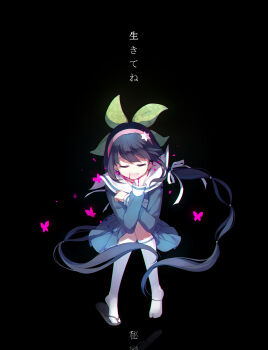 1girl absurdres black_background black_hair black_sand blood blood_from_mouth blood_on_hands blood_on_neck blue_serafuku blue_shirt blue_skirt blunt_bangs bow bowtie bug butterfly chabashira_tenko closed_eyes commentary_request danganronpa_(series) danganronpa_v3:_killing_harmony dying floating_hair floral_print frilled_skirt frills full_body green_bow hair_bow hair_ornament hair_ribbon hairband hands_on_own_neck highres hiragi_rin insect invisible_chair kneehighs long_hair long_sleeves low_twintails miniskirt multi-tied_hair pink_butterfly pink_hairband pink_nails print_bow ribbon sailor_collar sandals school_uniform serafuku shirt simple_background single_sandal sitting skirt skirt_set slit_throat socks solo spoilers tabi translation_request twintails very_long_hair white_bow white_bowtie white_ribbon white_sailor_collar white_socks zouri