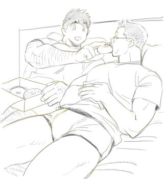 Rule 34 | 2boys, arm hair, bara, billy russell (dickfish), boxers, cheekbones, dickfish (fishismdick), donut, facial hair, feeding, feet out of frame, food, greyscale, highres, john rottweil (dickfish), large pectorals, male focus, male underwear, mature male, monochrome, multiple boys, muscular, muscular male, mustache, mustache stubble, no pants, on bed, original, pectorals, raised eyebrows, shirt, short hair, sitting, sketch, stubble, t-shirt, thick eyebrows, thick thighs, thighs, underwear, yaoi