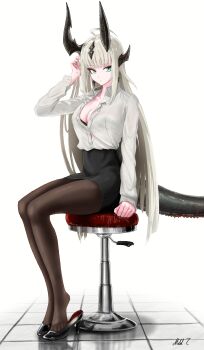 1girl absurdres ahoge alternate_costume arknights black_bra black_footwear black_skirt blonde_hair blunt_bangs bra bra_peek bra_visible_through_clothes breasts brown_pantyhose button_gap cleavage closed_mouth commentary dragon_girl dragon_horns dragon_tail earrings expressionless full_body green_eyes hand_in_own_hair high_heels highres holding holding_own_hair horns jewelry lace lace-trimmed_bra lace_trim long_hair looking_at_viewer medium_breasts mildt miniskirt office_lady pantyhose partially_unbuttoned pencil_skirt red_pupils reed_(arknights) shirt_tucked_in signature simple_background sitting skirt solo stool straight_hair tail tile_floor tiles underwear white_background