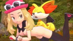 1boy 1girl 3d animal animated bestiality black_leggings black_thighhighs blonde_hair breasts closed_eyes devilscry fennekin forest fox gen_6_pokemon glasses hat interspecies leggings lying nature nintendo nipples open_mouth outdoors pokemon pokemon_(creature) pokemon_xy pokephilia serena_(pokemon) sex sex_from_behind shoes size_difference smile source_request thighhighs video