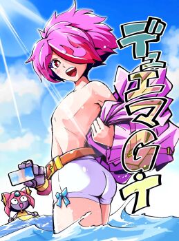 1boy 1girl belt blue_sky brown_belt cellphone chibi cloud cloudy_sky coat commentary_request duel_masters duel_masters_gt extra_arms glenturret_(duel_masters) hair_over_one_eye highres holding holding_phone ihara_shigekatsu light_censor looking_back miroku_(duel_masters) multicolored_hair ocean open_mouth phone purple_coat purple_hair red_eyes red_hair robot_girl short_hair sky smartphone teeth trap undressing upper_teeth_only wading white_swim_trunks