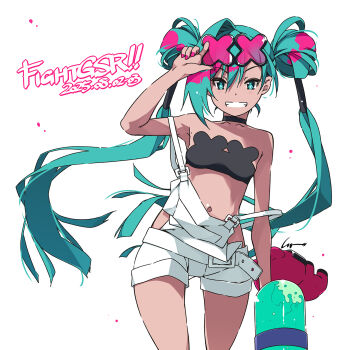1girl aqua_eyes aqua_hair dated double_bun english_text eyewear_on_head goodsmile_company goodsmile_racing hair_bun hatsune_miku highres holding holding_water_gun long_hair looking_at_viewer multicolored_hair navel overall_shorts overalls pink_hair racing_miku racing_miku_(2025) red_nails sandals shikei simple_background smile solo spotted_hair strap_slip sunglasses tan twintails two-tone_hair vocaloid water_gun white_background white_overalls x-shaped_eyewear