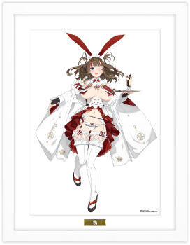 +_+ 1girl absurdres animal_ears apron ass bare_shoulders black_choker black_garter_belt black_gloves blue_eyes blunt_bangs blush border bow bowtie breast_curtains breasts brown_hair buttons chinese_knot chocolate chocolate_syrup choker cleavage copyright_name cup detached_collar detached_sleeves earrings elbow_gloves fake_animal_ears fingerless_gloves flower flower-shaped_pupils food frilled_garter_belt frilled_thighhighs frills garter_belt garter_straps gloves gluteal_fold groin hair_ornament hair_rings highres holding holding_cup holding_food holding_tray ice_cream japanese_clothes jewelry large_breasts looking_at_viewer maid maid_apron maid_headdress marvelous mismatched_earrings multicolored_hair navel official_alternate_costume official_alternate_hairstyle official_art okobo one_eye_closed open_mouth panties parfait pink_pupils platform_sandals playboy_bunny rabbit_ears reaching reaching_towards_viewer red_bow red_bowtie red_hair red_skirt revealing_clothes ribbon-trimmed_panties ribbon_trim rose sandals senran_kagura senran_kagura_new_link shiny_skin short_hair short_twintails showgirl_skirt simple_background skirt smile solo standing streaked_hair sundae symbol-shaped_pupils teeth thighhighs toki_(senran_kagura) tongue tray twintails underboob underbust underwear upper_teeth_only wa_maid waist_bow white_background white_bow white_flower white_garter_straps white_panties white_rose white_sleeves white_thighhighs wide_sleeves wrist_cuffs yaegashi_nan