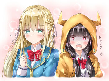 Rule 34 | 2girls, aqua eyes, asakura karen (heaven burns red), ayaro (genkiloobaii), black hair, blonde hair, blue jacket, blunt bangs, blush, bow, bowtie, braid, bright pupils, clenched hand, collared shirt, commentary request, cropped torso, eyelashes, eyes visible through hair, fake horns, flying sweatdrops, hair between eyes, hair bobbles, hair ornament, hair ribbon, half up braid, hand up, heart, heaven burns red, highres, hood, hood up, hoodie, horned hood, horns, jacket, long hair, long sleeves, low twintails, multiple girls, open clothes, open hoodie, open mouth, orange hoodie, parted lips, pink background, red bow, red bowtie, red eyes, ribbon, shirt, shy, simple background, sound effects, sparkle, story in commentary, teeth, toujou tsukasa, twintails, upper body, very long hair, white pupils, white ribbon, white shirt, wide-eyed, yuri