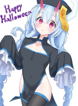 1girl :o alternate_costume black_dress black_hat black_thighhighs blue_archive blue_hair blue_halo blunt_bangs blush braid breasts center-flap_bangs chise_(blue_archive) cleavage cleavage_cutout clothing_cutout commentary_request cowboy_shot demon_girl demon_horns downturned_eyes dress frilled_sleeves frills hair_between_eyes halloween halloween_costume halo happy_halloween hat highres horns jiangshi_costume long_hair looking_at_viewer low_twintails ofuda ofuda_on_head open_mouth pelvic_curtain red_eyes sidelocks simple_background sleeves_past_fingers sleeves_past_wrists small_breasts solo tareme thighhighs twin_braids twintails very_long_hair white_background wide_sleeves yamichi_(yamichi8369)