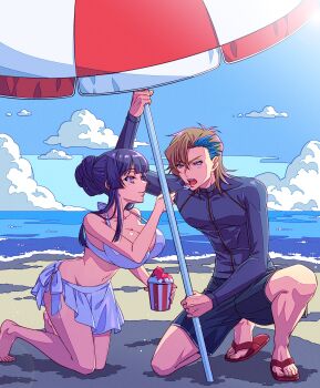 1boy 1girl absurdres ash_phoenix beach bikini black_hair blue_eyes breasts cleavage code_geass code_geass:_dakkan_no_roze collarbone highres large_breasts purple_eyes sumeragi_sakuya swimsuit