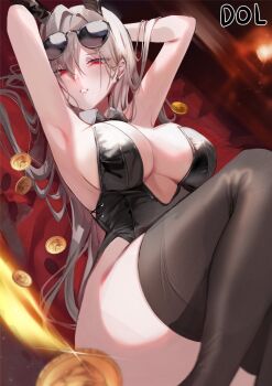 1girl animal_ears armpits arms_behind_head arms_up bare_shoulders bow bowtie breasts brown_thighhighs cleavage coin detached_collar dolechan eyewear_on_head fake_animal_ears highleg highleg_leotard highres large_breasts leotard long_hair looking_at_viewer lying on_back original playboy_bunny rabbit_ears red_eyes solo strapless strapless_leotard sunglasses thighhighs very_long_hair white_hair