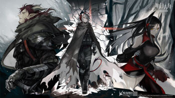 1boy 3girls ammunition_pouch arknights black_dress black_hair black_pants boots chinese_commentary clenched_teeth cloak copyright_name demon_horns demon_tail dress eyeshadow eyeshadow_under_eye highres hoederer_(arknights) hoederer_(mercenary)_(arknights) horns ines_(arknights) knee_pads lace-up_boots long_hair looking_at_viewer looking_to_the_side looking_up makeup medium_hair multiple_girls official_art orange_eyes orange_hair pants pointy_ears pouch red_eyeshadow red_hair red_nails revision scabbard second-party_source sheath sheathed standing sword tail teeth theresa_(arknights) w_(arknights) w_(mercenary)_(arknights) weapon yellow_eyes