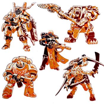 adepta_sororitas adeptus_astartes ankh armor blunt_bangs chain_axe davilorium full_body holding_bolter imperial_aquila monochrome orc ork_(warhammer) pauldrons shoulder_armor spiked_pauldrons spikes t'au topknot tyranid warhammer_40k white_background