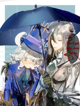 2girls :t @_@ arlecchino_(genshin_impact) ascot black_gloves black_hair blue_ascot blue_eyes blue_gem blue_hair blue_jacket blue_shirt brooch closed_mouth coat commentary embarrassed english_commentary english_text expressionless furina_(genshin_impact) gem genshin_impact gloves grey_coat grey_hair hair_between_eyes hand_on_another's_shoulder hands_up height_difference highres holding holding_umbrella jacket jewelry layered_ascot long_sleeves looking_at_another multicolored_hair multiple_girls multiple_rings parted_lips ring shared_umbrella shirt speech_bubble streaked_hair sweatdrop umbrella white_shirt yukinika yuri