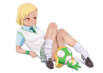 1girl angol_mois beleven blonde_hair cardigan commentary_request frog full_body hair_ornament hairpin hat highres keroro keroro_gunsou necktie red_eyes school_uniform shirt shoes short_hair simple_background skirt socks star_(symbol) wristband