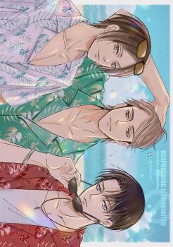 Rule 34 | 3boys, absurdres, beach, black hair, blonde hair, blurry, blurry background, border, bracelet, brown eyes, brown hair, closed mouth, collared shirt, commentary request, eren yeager, green shirt, grey eyes, hand in own hair, hawaiian shirt, highres, holding, holding removed eyewear, jean kirstein, jewelry, leaf necklace, leaf print, levi (shingeki no kyojin), light smile, looking at viewer, male focus, multiple boys, ocean, parted lips, pink shirt, print shirt, red shirt, shingeki no kyojin, shirt, short hair, smile, sunglasses, twitter username, unworn eyewear, upper body, white border, white shirt, yuka levi