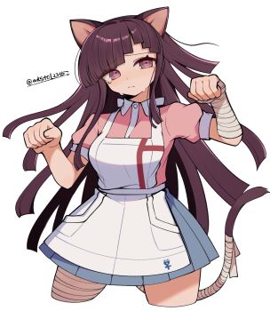 1girl animal_ears artist_name bandaged_leg bandages black_hair blush breasts cat_ears cat_girl cat_tail clenched_hands collared_shirt cropped_legs danganronpa_(series) danganronpa_2:_goodbye_despair frown hands_up highres long_hair medium_breasts mi_shengwu_3.2_hao miniskirt pink_shirt pleated_skirt puffy_short_sleeves puffy_sleeves shirt short_sleeves simple_background skirt solo tail tears tsumiki_mikan two-tone_shirt white_background