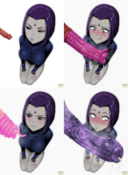 animal_penis blush bored colored_skin cum cumrip elephant_penis fellatrix goth_fashion gray_skin grey-skinned_female grey_skin hands_on_own_lap hands_on_own_legs heat horse_penis imminent_fellatio kneeling leaking_semen leotard penis penis_awe pig_penis precum purple_eyes purple_hair raven_(dc) smell smile sweat third_party_edit tongue tongue_out veins