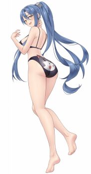 1girl barefoot bikini black_bikini blue_hair blush breasts commentary commission curtained_hair double-parted_bangs eiyuu_densetsu embarrassed english_commentary feet floating_hair full_body hair_between_eyes high_ponytail highres large_breasts laura_s._arseid legs long_hair long_single_sidelock looking_at_viewer mishy open_mouth ponytail redkite333 sen_no_kiseki_(series) simple_background single_sidelock smile soles swimsuit tachi-e toes very_long_hair white_background yellow_eyes