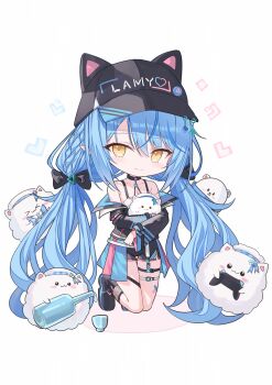1girl animal_hat baseball_cap black_boots black_bow black_choker black_hat black_jacket black_shorts blue_hair boots bottle bow braid cat_hat chibi choker closed_mouth comiket_107 commentary_request controller cup daifuku_(yukihana_lamy) fishnet_socks fishnets full_body game_controller hair_bow hat highres holding holding_bottle holding_controller holding_game_controller hololive jacket kneehighs long_hair looking_at_viewer low_twintails multicolored_hair off_shoulder pointy_ears rin_yuu short_shorts shorts side_braid socks solo streaked_hair thigh_strap twintails very_long_hair virtual_youtuber yellow_eyes yukihana_lamy yukimin_(yukihana_lamy)