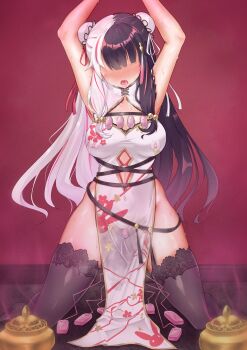 1girl absurdres animal_print arms_up bell black_hair black_thighhighs blunt_bangs blush breasts breath bun_cover china_dress chinese_clothes cleavage cleavage_cutout clitoral_stimulation clothing_cutout controller double_bun dress drooling egg_vibrator faceless faceless_female female_focus hair_bell hair_bun hair_ornament hair_ribbon highres indoors ishi_no_shita jingle_bell kneeling lace lace-trimmed_legwear lace_trim large_breasts multicolored_hair navel nijisanji nipple_stimulation no_panties nose_blush open_mouth pelvic_curtain pink_hair pussy_juice rabbit_print red_background red_hair red_ribbon remote_control remote_control_vibrator ribbon saliva see-through_clothes sex_toy shiny_clothes shiny_skin sidelocks sleeveless sleeveless_dress solo split-color_hair spread_legs steam steaming_body straight-on streaked_hair sweat teeth textless_version thighhighs thighs tongue two-tone_hair uvula vibrator vibrator_cord vibrator_on_nipple vibrator_under_clothes virtual_youtuber wet wet_clothes white_dress white_hair white_ribbon yorumi_rena yorumi_rena_(10th_costume)