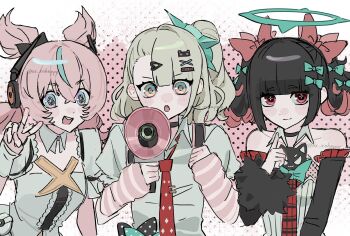 Rule 34 | 3girls, bandaid, bandaid hair ornament, bare shoulders, black choker, black hair, blue eyes, blue streaks, blush, bow, center frills, chinatsu remiel, choker, closed mouth, collarbone, colored inner hair, detached collar, detached sleeves, dotted background, dress, fingerless gloves, frills, fur-trimmed sleeves, fur trim, gloves, green bow, green eyes, green hair, hair bow, hair ornament, highres, holding, holding megaphone, looking at viewer, megaphone, multicolored hair, multiple girls, multiple hair clips, necktie, open mouth, ox xohappy, pink arm warmers, pink background, pink bag, pink gloves, pink hair, ponytail, red bow, red eyes, red necktie, rokudu sariel, shirt, short twintails, smile, streaked hair, striped arm warmers, teeth, too many bows, twintails, two-tone background, upper body, upper teeth only, v, white background, white dress, white shirt, yutane johiel, zenless zone zero