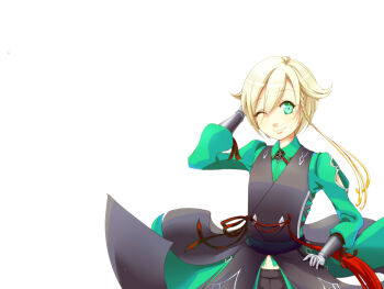 Rule 34 | 1boy, belt, black belt, black pants, black vest, blonde hair, braid, closed mouth, collared shirt, commentary request, cowboy shot, gloves, green eyes, green shirt, grey gloves, hands on own head, highres, long hair, long sleeves, looking at viewer, male focus, one eye closed, oscar (ragnarok online), pants, ragnarok online, saishichi, shirt, side braid, simple background, single braid, smile, solo, vest, white background