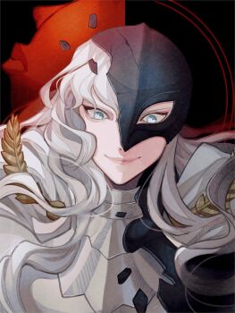 1boy androgynous armor behelit berserk black_armor blue_eyes breaking broken_armor broken_mask cape dual_persona eclipse evolution femto_(berserk) griffith_(berserk) highres kyou_(iuciferic) lips long_hair male_focus mask shaded_face spoilers transformation white_armor white_cape white_hair