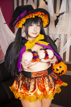 1girl asian black_hair breasts chouzuki_maryou cleavage hat highres large_breasts lipstick makeup photo_(medium) plump solo underboob witch_hat