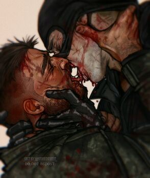 2boys bara black_gloves black_hair blood blood_from_mouth call_of_duty call_of_duty:_modern_warfare_2 closed_eyes commentary english_commentary facial_hair french_kiss ghost_(modern_warfare_2) gloves highres kiss male_focus mask mask_lift multiple_boys short_hair skull_mask soap_(modern_warfare_2) tongue tongue_out umikochannart yaoi