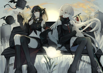 2girls arknights asymmetrical_legwear bare_shoulders black_boots black_hair black_jacket black_nails black_socks black_thighhighs blood blood_bag blue_sky boots braid breasts closure_(arknights) cloud commentary_request crown_braid feet_out_of_frame flower goggles goggles_around_neck grey_hair grey_pantyhose hair_between_eyes hand_up hemorina highres jacket kneehighs knees_together_feet_apart long_hair long_sleeves medium_breasts multiple_girls nail_polish off_shoulder on_bench open_clothes open_jacket outdoors pantyhose pleated_skirt pointy_ears puffy_long_sleeves puffy_sleeves red_eyes signature single_kneehigh single_sock single_thighhigh sitting skirt sky sleeves_past_wrists socks sunrise thighhighs thighhighs_under_boots two_side_up very_long_hair warfarin_(arknights) watermark white_flower white_skirt