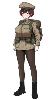 1girl backpack bag bedroll belt belt_pouch black_boots black_eyes boots breast_pocket breasts brown_hair brown_pantyhose cocktiel77 full_body hat highres large_breasts long_sleeves military_hat military_uniform original pantyhose pocket pouch short_hair solo standing very_short_hair