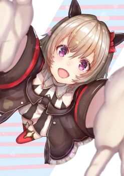 1girl :d animal_ears black_dress blurry blurry_foreground bow collared_dress commentary_request crossed_legs curren_chan_(fille_eclair)_(umamusume) curren_chan_(umamusume) depth_of_field dress ear_bow ear_covers film_grain foreshortening from_above full_body grey_hair heart highres horse_ears horse_girl long_sleeves looking_at_viewer looking_up open_mouth outstretched_arms pink_eyes reaching reaching_towards_viewer red_bow red_thighhighs short_hair smile solo standing star_(symbol) striped_background striped_clothes striped_dress thighhighs umamusume vertical-striped_clothes vertical-striped_dress yami_anko