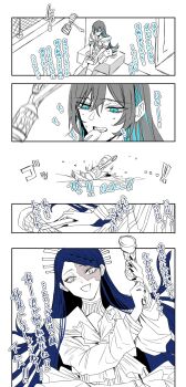 Rule 34 | 2girls, ado (utaite), blue hair, braid, braided bangs, chando (ado), commentary request, eating, gira-gira-chan (ado), gira gira, gunjyou (gunjyou 00), ha-chan (ado), hair between eyes, hammer, highres, holding, holding hammer, long hair, long sleeves, multiple girls, nervous sweating, open mouth, partially colored, school uniform, serafuku, shirt, sweat, translation request, utaite