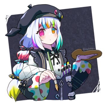1girl artist_painter beret blunt_bangs bow closed_mouth commentary_request hat heterochromia highres holding holding_paint_palette jogasaki_noah long_hair long_sleeves looking_at_viewer madudu mahou_shoujo_no_majo_saiban multi-tied_hair multicolored_hair neck_ribbon paint_palette paintbrush pink_eyes polka_dot polka_dot_bow ribbon solo streaked_hair upper_body white_hair yellow_eyes