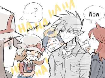 ... 2girls 3boys ? blank_eyes blue_oak breast_pocket brown_hair crossed_arms ethan_(pokemon) eye_contact hat highres kash-phia laughing leaf_(pokemon) looking_at_another low_twintails lyra_(pokemon) multiple_boys multiple_girls nintendo pocket pokemon pokemon_frlg pokemon_hgss print_hat red_shirt shirt silver_(pokemon) sketch speech_bubble spoken_ellipsis spoken_question_mark suspenders sweatdrop twintails white_hat