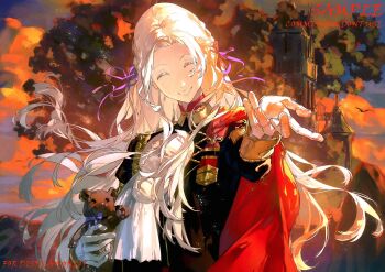 Rule 34 | 1girl, abstract background, arm up, artist name, blonde hair, closed eyes, edelgard von hresvelg, fire emblem, fire emblem: three houses, garreg mach monastery uniform, gloves, hair ribbon, happy, head tilt, highres, holding, holding stuffed toy, image sample, lkppp, long hair, long sleeves, nintendo, open mouth, orange background, outdoors, parted bangs, purple ribbon, reaching, reaching towards viewer, ribbon, sample watermark, shade, smile, solo, standing, stuffed animal, stuffed toy, teddy bear, twitter sample, upper body, watermark, white gloves