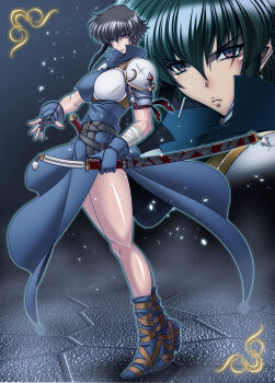 Rule 34 | 1girl, armor, bandaged arm, bandages, belt, black hair, blue dress, boots, breastplate, china dress, chinese clothes, cut-in, dress, fire emblem, fire emblem: genealogy of the holy war, gloves, hamon ai, high heel boots, high heels, holding, holding sword, holding weapon, larcei (fire emblem), legs, nintendo, purple eyes, sheath, sheathed, short hair, shoulder armor, sidelocks, solo, standing, sword, thighs, tomboy, tunic, weapon