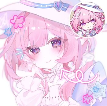 1girl blush closed_mouth commentary cyrene_(demiurge)_(honkai:_star_rail) cyrene_(demiurge)_(keeping_promise)_(honkai:_star_rail) cyrene_(honkai:_star_rail) diamond-shaped_pupils diamond_(shape) dress flower hair_flower hair_ornament hand_up highres honkai:_star_rail honkai_(series) long_hair looking_at_viewer official_alternate_costume onppu pink_hair pointy_ears portrait purple_eyes reference_inset simple_background smile solo symbol-only_commentary symbol-shaped_pupils white_background white_dress white_hair