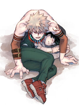 2boys absurdres all_fours alternate_universe arm_belt bakugou_katsuki belt belt_buckle black_belt blonde_hair boku_no_hero_academia boku_no_hero_academia_2nd_popularity_poll brown_belt buckle buttons commentary_request cross-laced_shoes curled_up detached_sleeves earrings fetal_position fingernails freckles full_body green_hair green_pants green_vest grey_shirt hair_between_eyes highres j_nobu4 jewelry looking_at_viewer lying male_focus midoriya_izuku multiple_belts multiple_boys multiple_necklaces necklace no_shirt official_alternate_costume on_side open_mouth orange_sleeves pants parted_lips partial_commentary protecting red_eyes red_shoes sanpaku scar scar_on_hand shadow shirt shoes short_hair shoulder_tattoo spiked_hair tattoo tooth_earrings tooth_necklace triangle_print tsurime twitter_username v-shaped_eyebrows vest white_background wing_tattoo
