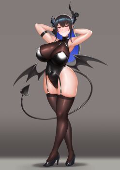 1girl absurdres alternate_costume asymmetrical_horns bare_shoulders black_gloves black_hair black_horns black_leotard black_tail black_wings blue_hair blush bow breasts cipher4109 cleavage closed_mouth colored_inner_hair commentary covered_navel demon_girl demon_horns demon_tail demon_wings detached_collar english_commentary full_body gloves hair_ornament high_heels highres hololive hololive_english horns large_breasts leotard long_hair looking_at_viewer mole mole_under_eye multicolored_hair nerissa_ravencroft pantyhose red_eyes shoes simple_background single_glove smile solo strapless strapless_leotard tail tassel tassel_hair_ornament thick_thighs thighhighs thighs two-tone_hair uneven_horns very_long_hair virtual_youtuber wings