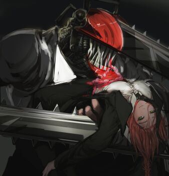 1girl 1other chainsaw chainsaw_devil chainsaw_man guro highres index_yc makima_(chainsaw_man) red_hair sharp_teeth spoilers teeth yellow_eyes