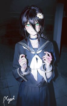 1girl alternate_costume ayoni_623 black_choker black_sailor_collar black_serafuku black_shirt black_skirt blood blood_on_hands chainsaw_man choker collarbone corrupted_twitter_file cuffed cuffs flower green_eyes grenade_pin hair_between_eyes hair_flower hair_ornament handcuffs hands_up hashtag-only_commentary highres long_hair long_hair_between_eyes looking_at_viewer neckerchief pleated_skirt ponytail pull_cord purple_hair reze_(chainsaw_man) sailor_collar school_uniform serafuku shirt sidelocks signature skirt smile solo white_neckerchief