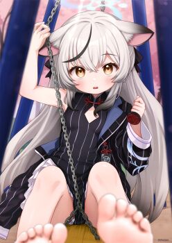1girl absurdres animal_ears barefoot black_dress black_hair black_jacket black_ribbon blue_archive blurry blurry_foreground breasts cherry_blossoms china_dress chinchilla_ears chinese_clothes clothing_cutout comodox dress feet frilled_dress frills gradient_hair grey_hair hair_ribbon halo highres ink_stamp jacket knees_up kokona_(blue_archive) loli long_hair multicolored_hair on_swing pinstripe_dress pinstripe_jacket pinstripe_pattern ribbon single_off_shoulder sitting small_breasts solo streaked_hair swing swing_set toes very_long_hair yellow_eyes