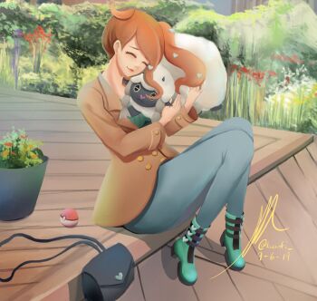 Rule 34 | 1girl, aqua boots, aqua shirt, artist name, boots, breasts, brown coat, closed eyes, coat, commentary, dated, denim, english commentary, gen 8 pokemon, hair ornament, heart, heart hair ornament, highres, holding, holding pokemon, hug, jeans, knees up, kwanfi, medium breasts, nintendo, no eyewear, orange hair, pants, pokemon, pokemon (creature), pokemon swsh, ribbed shirt, sheep, shirt, side ponytail, side ponytail with hair base, smile, sonia (pokemon), swept bangs, v-neck, wavy hair, wooloo